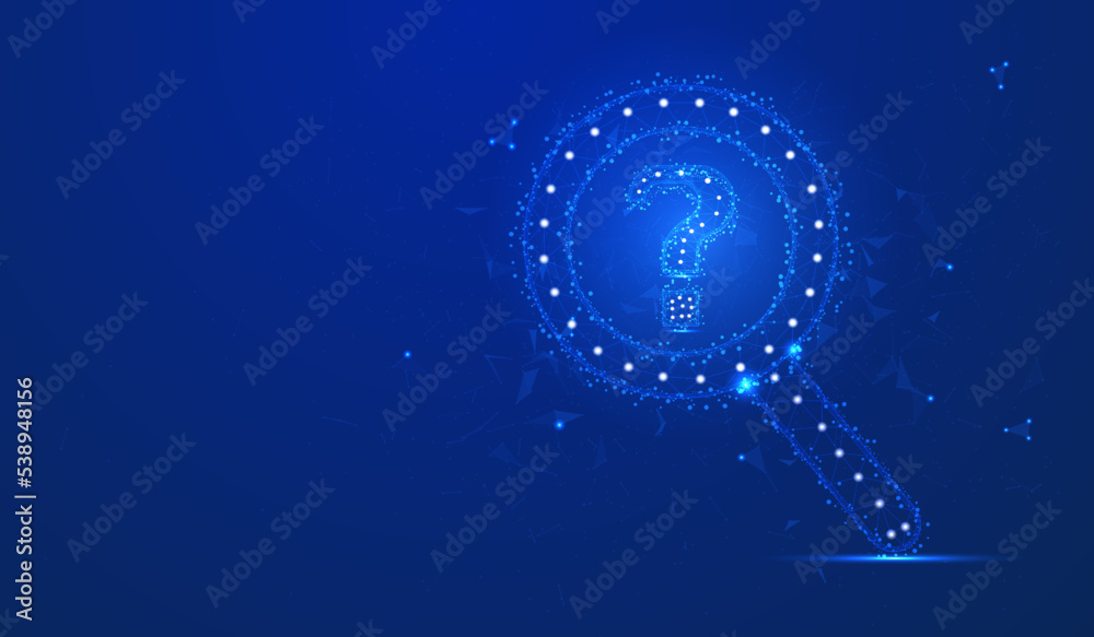 Poster abstract magnifying glass symbol low poly design with question mark analysis tool concept. blue rese