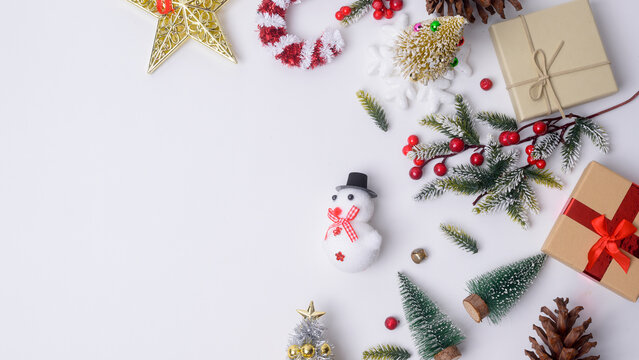 Top view Christmas flat lay  decorations on white background