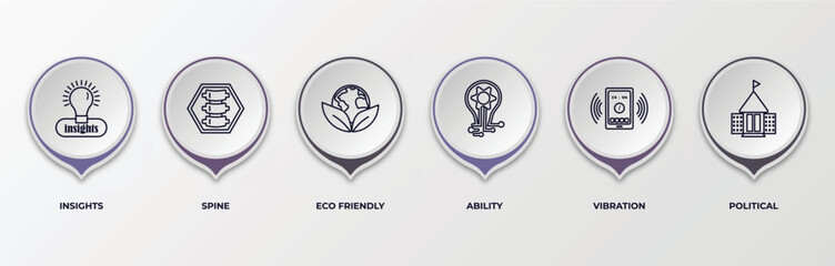 infographic template with outline icons. thin line icons such as insights, spine, eco friendly, ability, vibration, political editable vector. can be used for web, mobile, info graph.