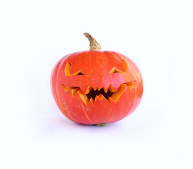 Halloween pumpkin isolated on white background. Ripe orange pumpkin for Halloween on a light background. An element of festive decor, a pumpkin with a carved scary face