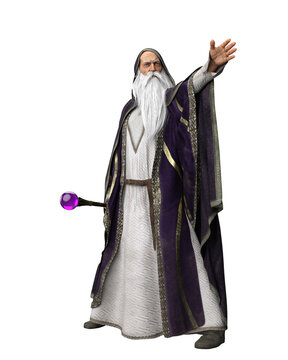 3D illustration of an old bearded wizard in purple costume isolated on transparent background.