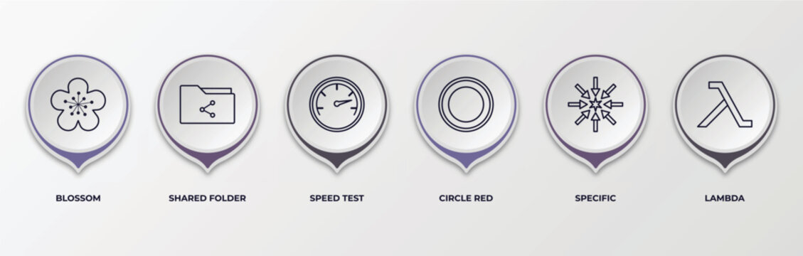infographic template with outline icons. thin line icons such as blossom, shared folder, speed test, circle red, specific, lambda editable vector. can be used for web, mobile, info graph.