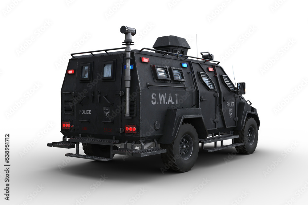 Poster rear corner view 3d rendering of an armoured police swat vehicle isolated on transparent background.