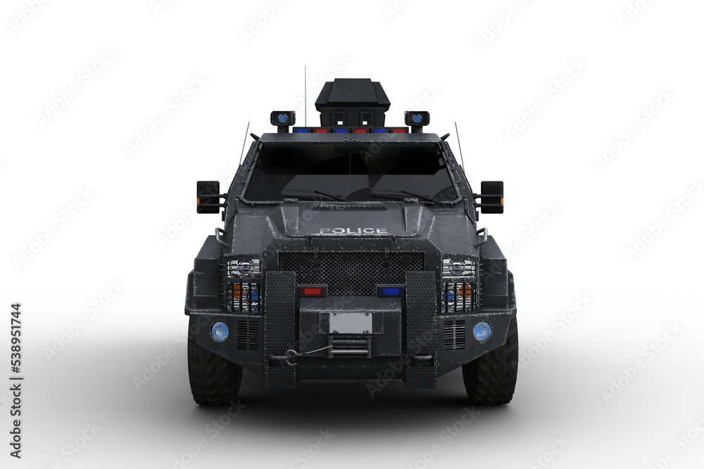 Poster Front view 3D rendering of an armoured police SWAT vehicle isolated on transparent background.