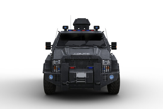 Front view 3D rendering of an armoured police SWAT vehicle isolated on transparent background.