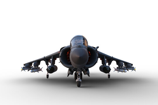 Front view 3D illustration of a grey jet fighter aircraft armed with missiles parked on the ground isolated on a transparent background.