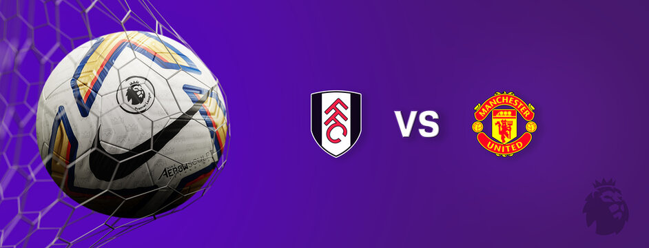 Guilherand-Granges, France - October 17. Premier League Of England. Soccer Ball In Net With Official Logo Of The Premier League. Match : Fulham FC VS Manchester United. 3D Rendering.