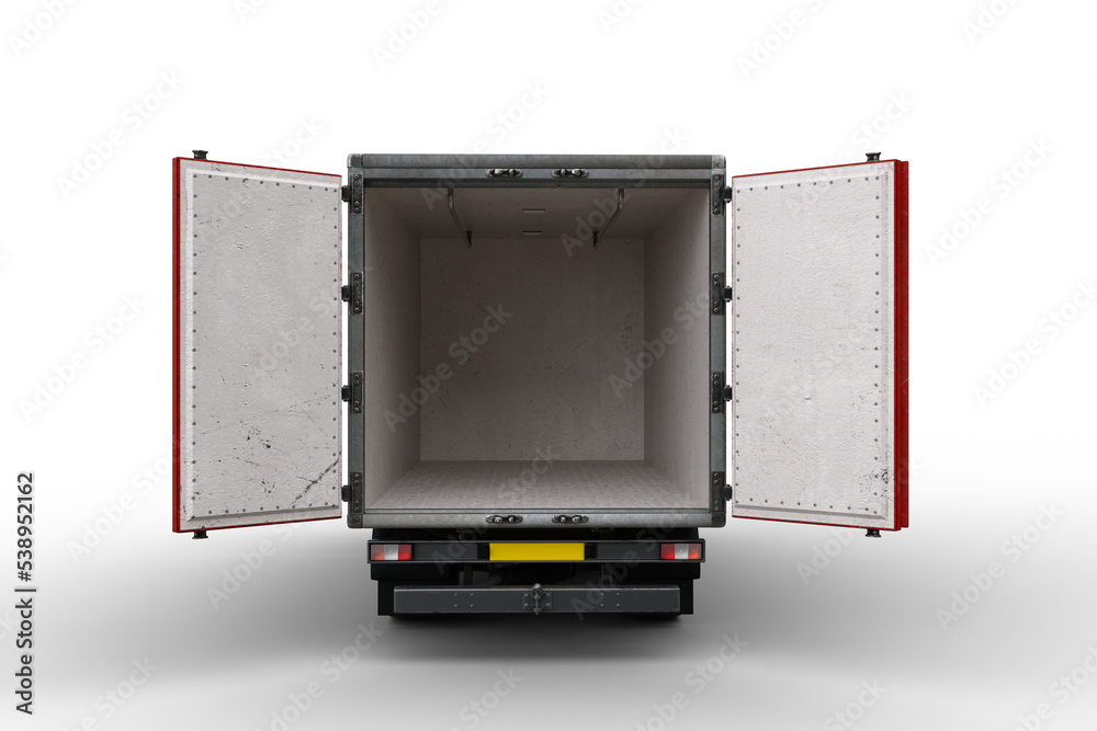 Poster rear view 3d illustration of an empty light commercial truck with back doors open isolated on transp