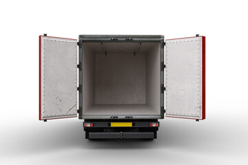 Rear view 3D illustration of an empty light commercial truck with back doors open isolated on transparent background