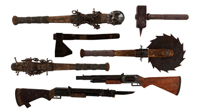 Collection of fantasy zombie apocalypse weapons. 3D rendering isolated.