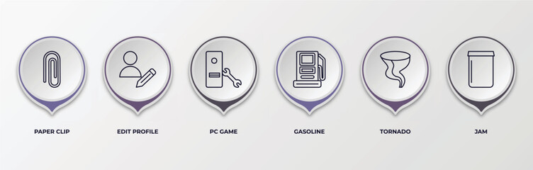infographic template with outline icons. thin line icons such as paper clip, edit profile, pc game, gasoline, tornado, jam editable vector. can be used for web, mobile, info graph.