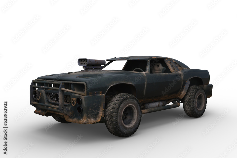 Poster 3D rendering of a post apocalyptic car isolated on a transparent background.