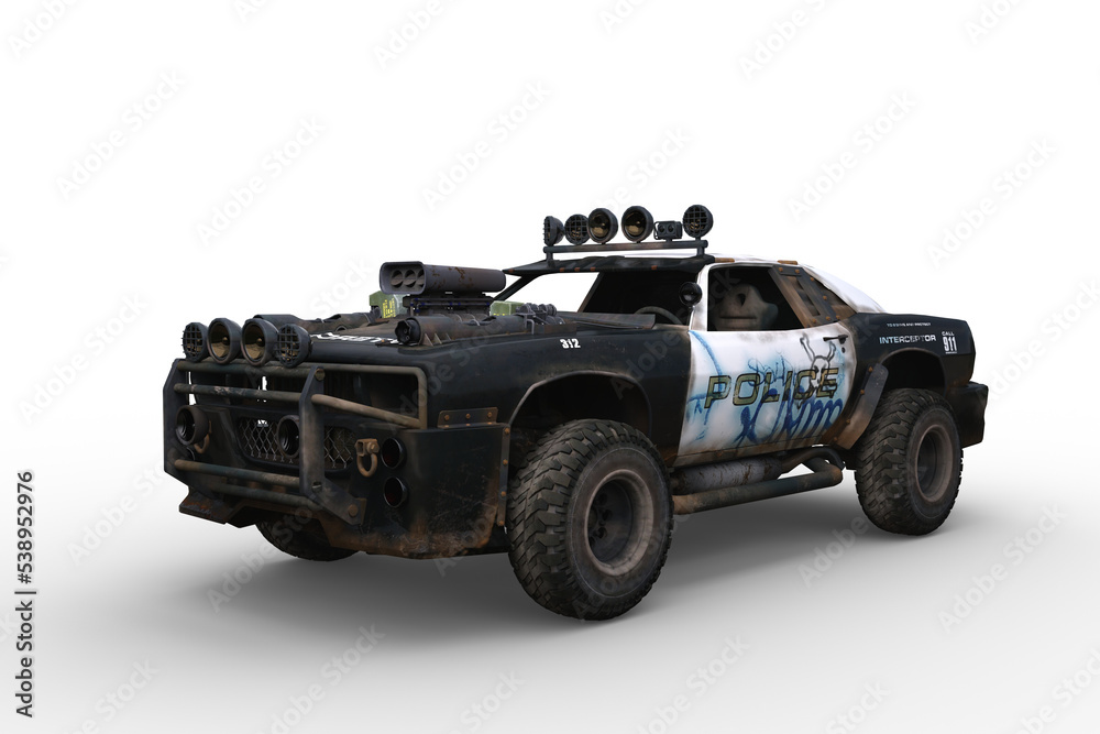 Poster 3d rendering of a post apocalyptic police car isolated on a transparent background.