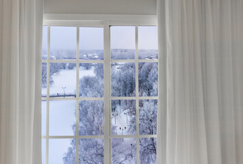 view from the window to the snow-covered trees