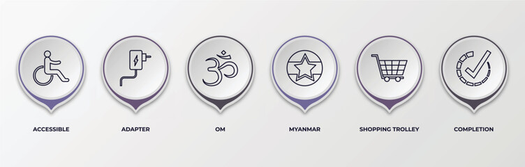 infographic template with outline icons. thin line icons such as accessible, adapter, om, myanmar, shopping trolley, completion editable vector. can be used for web, mobile, info graph.