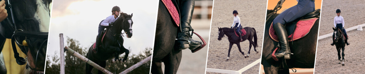 Equestrian sport. Set of images of teen girl, beginner female rider training at riding arena in...