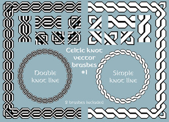 Celtic knot wicker seamless line brush set. Scotland knot border, irish decorative ornament and traditional ancient pattern two vector brushes. Mystic element for greeting card or invitation frame