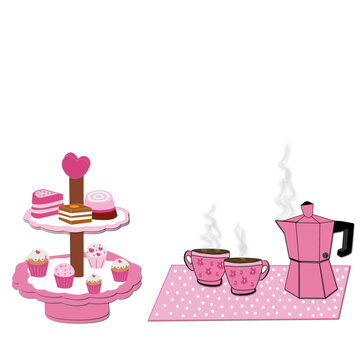Pasteles, madalenas y cafetera con tazas en rosa.