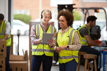 Two Female Workers Wearing Headsets In Logistics Distribution Warehouse Using Digital Tablet