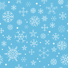 vector snowflakes on blue seamless, repeat pattern background. Perfect for Christmas, new year, winter themed gift wrapping, scrapbook, Banner, flyer, poster, invitation, Christmas card projects