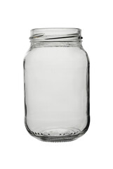 An empty open can for canned food made of transparent colorless glass. Isolated on a white background.