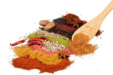 Various colorful spices and herbs isolated on white