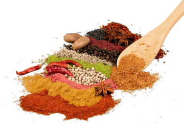 Various colorful spices and herbs isolated on white