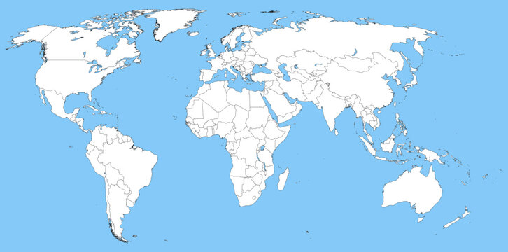 Large blank world map with oceans marked in blue. Blank mapamundi. Globe atlas map with all continents