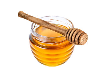 Honey isolated on white or transparent background. Jar with honey and honey dipper 