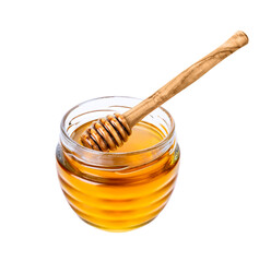 Honey isolated on white or transparent background. Jar with honey and honey dipper with drop of...