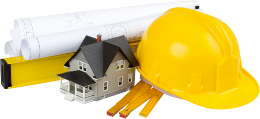 Construction Plans, Level, House Model, folding Ruler And Safety Helmet - Isolated