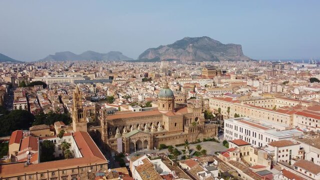 Palermo, Italy: Aerial drone footage of the stunning Palermo cathedral that dates back from 1185 in the old town in Sicily largest city in Italy. Shot with a tilt down motion