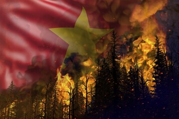 Forest fire fight concept, natural disaster - flaming fire in the woods on Vietnam flag background - 3D illustration of nature