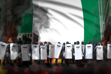 Nigeria police guards on city street are protecting country against disorder - protest stopping concept, military 3D Illustration on flag background