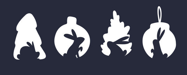 Vector Flat Christmas black rabbits silhouettes inside New Year decoration elements banner design. Bunny in ball, pine tree. 2023 the year of the rabbit. 