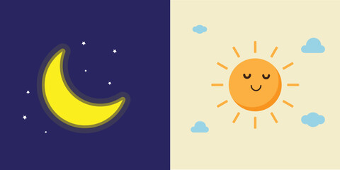 Obraz na płótnie Canvas Simple Cute sun feel relax and moon colored flat icon set. Day and night cartoon characters Vector illustration.