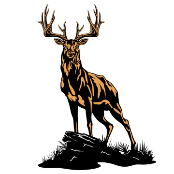 Vector illustration of a brown and black deer standing on a rock, perfect for logo designs, t-shirts, stickers, Christmas in December.