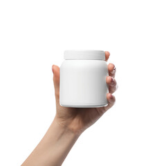 A white plastic jar, a container in a woman's hand. There is a space for advertising or a logo. Template for a commercial product.