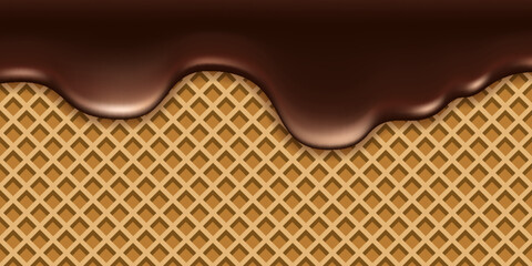 Melted chocolate drip on waffle texture. Dark brown liquid flowing chocolate cream syrup and wafer background, sweet dessert vector illustration