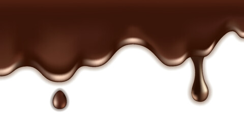 Chocolate melted drip, liquid spill with drops and splash. Milk chocolate texture, flowing cream wave. Dark brown border isolated on white background. Vector illustration