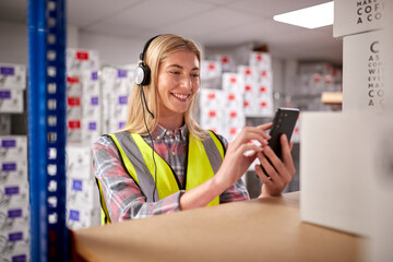 Female Worker Wearing Headset In Logistics Distribution Warehouse Using Mobile Phone