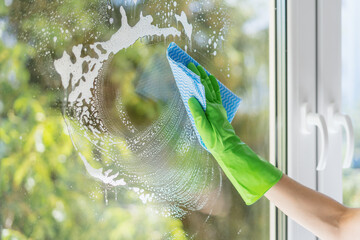 hand wash window with soap foam at home