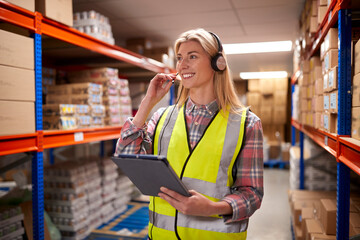 Female Worker Wearing Headset In Logistics Distribution Warehouse Using Digital Tablet
