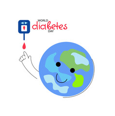 Social media poster, flyer template for World Diabetes day. Funny planet character with blood drop, digital glucometer. Vector flat cartoon doodle banner. 