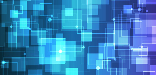 Abstract technology communication, vector illustration. Hi-tech computer digital technology concept. Wide Blue background with squares and various technological elements.