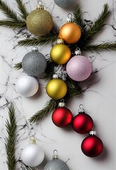 Christmas still life baubles and fir tree branches on white marble