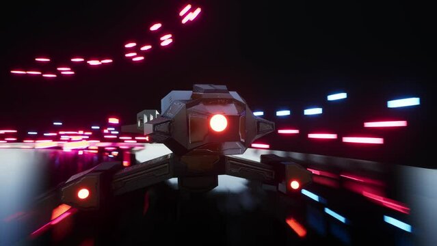 spacecraft passes On Neon Highway, 3D Rendering