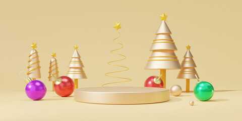 Fototapeta premium Marry christmas and new year Abstract empty podium on gold background with platform pedestal for product minimal presentation. cosmetics, stand, banner, showcase, 3d render illustration.