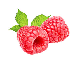 Raspberry berries isolated on white or transparent background. Two raspberry fruits with green leaves