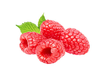 Raspberry berries isolated on white or transparent background. Heap of raspberry fruits with green...